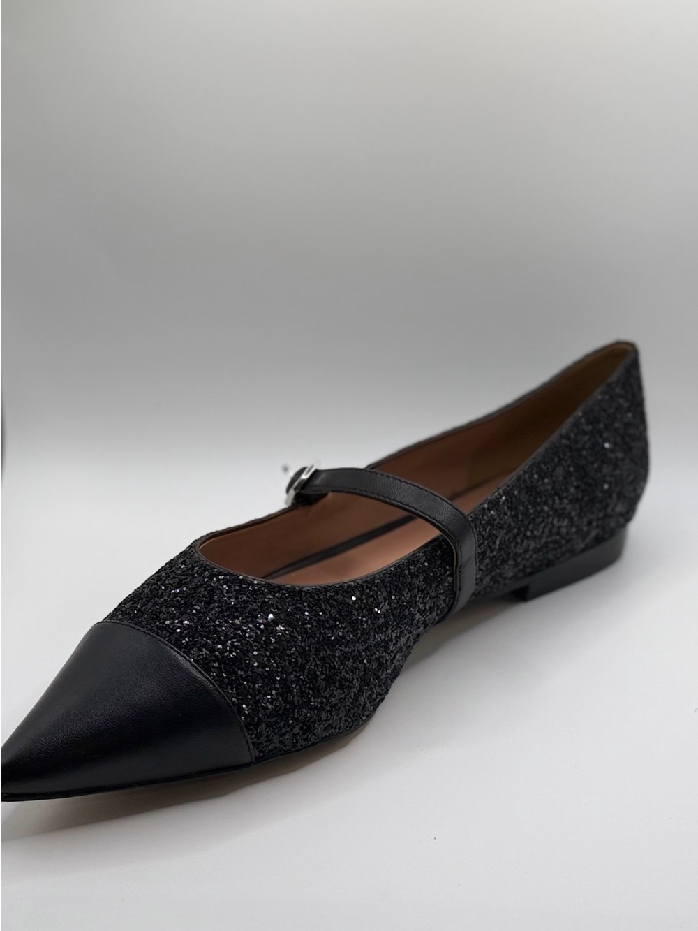 Paolo Black Glitter Pointed-Toe Mary Jane Flat